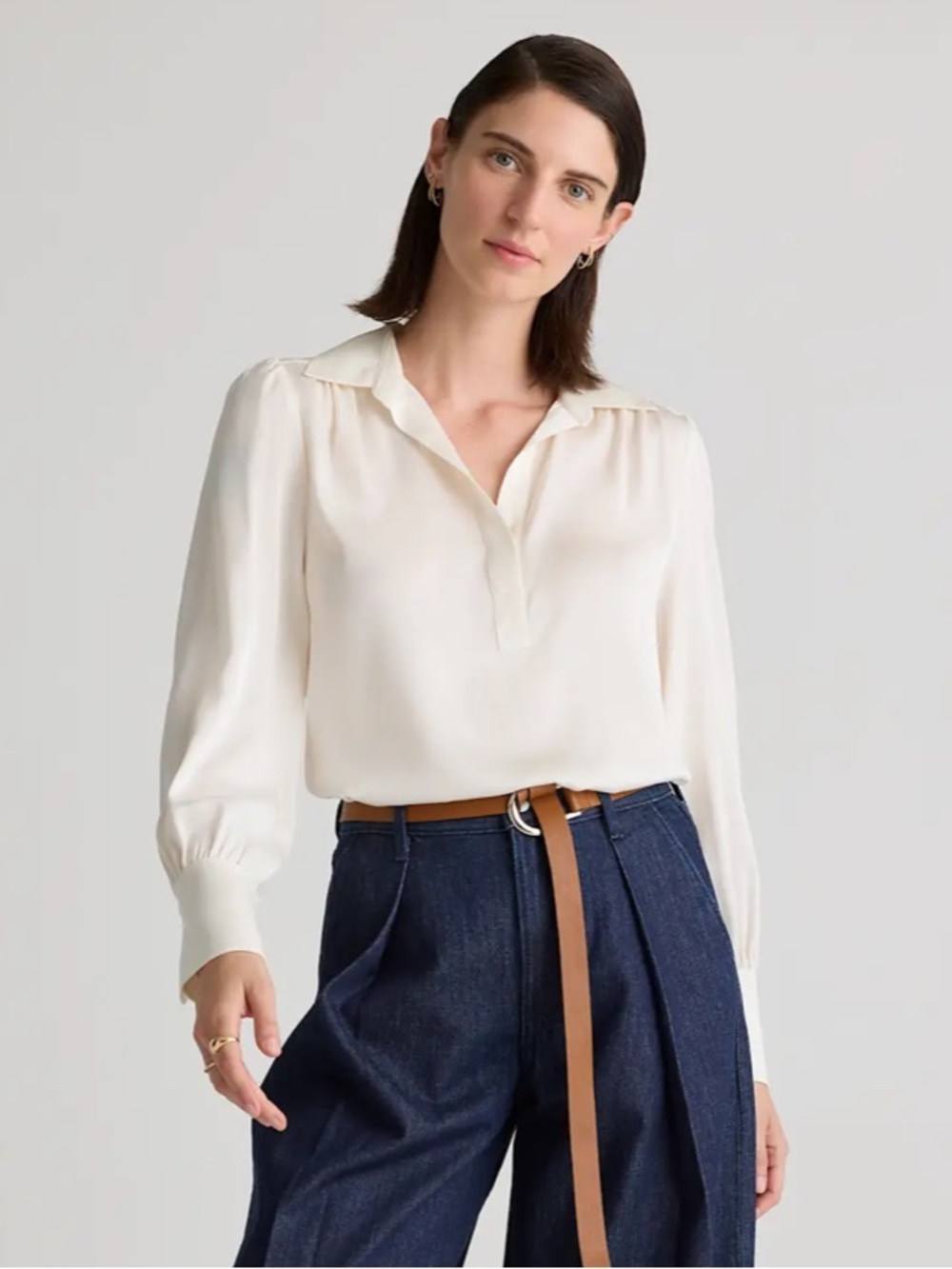 QUINCE Stretch Silk Cream Long Sleeve Blouse V-Neck Top Fits M